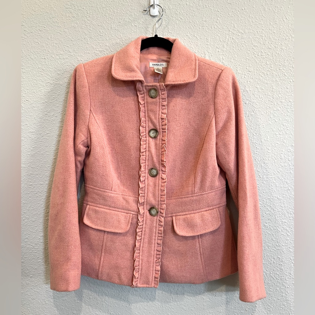 Harold’s Vintage Mohair Ruffle Pink Button Blazer Size 8 A1013